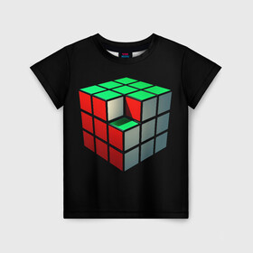 Детская футболка 3D с принтом Кубик Рубика в Екатеринбурге, 100% гипоаллергенный полиэфир | прямой крой, круглый вырез горловины, длина до линии бедер, чуть спущенное плечо, ткань немного тянется | 3d | головоломка | игры | кубик | мозг | недостающий | рубика | элемент