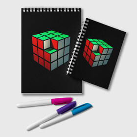Блокнот с принтом Кубик Рубика в Екатеринбурге, 100% бумага | 48 листов, плотность листов — 60 г/м2, плотность картонной обложки — 250 г/м2. Листы скреплены удобной пружинной спиралью. Цвет линий — светло-серый
 | 3d | головоломка | игры | кубик | мозг | недостающий | рубика | элемент