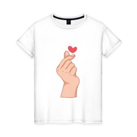 Женская футболка хлопок с принтом Корейское сердечко в Екатеринбурге, 100% хлопок | прямой крой, круглый вырез горловины, длина до линии бедер, слегка спущенное плечо | жест | жесты | корейское сердечко | корейцы | люблю | люблю тебя | любовь | популярное | сердечко | сердце | симпатия | я люблю