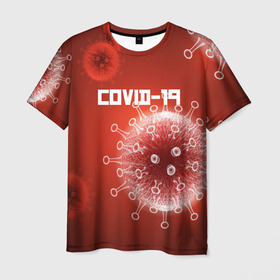 Мужская футболка 3D с принтом COVID-19 в Екатеринбурге, 100% полиэфир | прямой крой, круглый вырез горловины, длина до линии бедер | covid 19 | molecule | абстракция | клетки | коронавирус | медицина | микробы | молекулы | наука | нейрон | нейроны | текстура | текстуры | формула