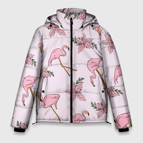 Мужская зимняя куртка 3D с принтом Розовый фламинго в Екатеринбурге, верх — 100% полиэстер; подкладка — 100% полиэстер; утеплитель — 100% полиэстер | длина ниже бедра, свободный силуэт Оверсайз. Есть воротник-стойка, отстегивающийся капюшон и ветрозащитная планка. 

Боковые карманы с листочкой на кнопках и внутренний карман на молнии. | doodling | textures | tiles | дудлинг | лист | листья | паттерн | природа | птица | птицы | розовый | розовый фламинго | тайлы | текстуры | узор | узоры | фламинго | фон | цветок | цветы