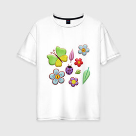 Женская футболка хлопок Oversize с принтом Вышивка в Екатеринбурге, 100% хлопок | свободный крой, круглый ворот, спущенный рукав, длина до линии бедер
 | бабочки | вышивка | зонтик | лист | насекомые | сшитые | цветы