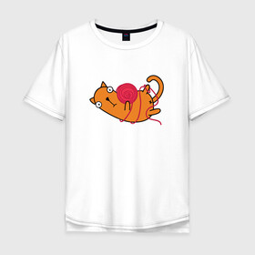 Мужская футболка хлопок Oversize с принтом What? в Екатеринбурге, 100% хлопок | свободный крой, круглый ворот, “спинка” длиннее передней части | cartoon | cat | kitty | вязание | игра | играет | клубок | кот | котёнок | котик | кошка | мультяшный | нитки | персонаж | рисованый | розовый | симпатичный | удивление | шутка | юмор