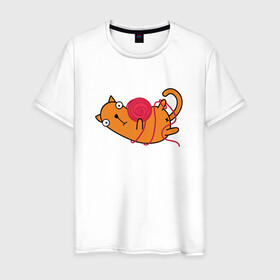 Мужская футболка хлопок с принтом What? в Екатеринбурге, 100% хлопок | прямой крой, круглый вырез горловины, длина до линии бедер, слегка спущенное плечо. | Тематика изображения на принте: cartoon | cat | kitty | вязание | игра | играет | клубок | кот | котёнок | котик | кошка | мультяшный | нитки | персонаж | рисованый | розовый | симпатичный | удивление | шутка | юмор