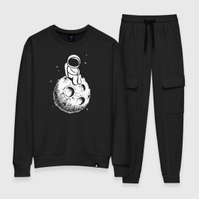 Женский костюм хлопок с принтом Космонавт на луне в Екатеринбурге, 100% хлопок | на свитшоте круглая горловина, мягкая резинка по низу. Брюки заужены к низу, на них два вида карманов: два 