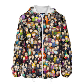 Мужская куртка 3D с принтом Персонажи South Park в Екатеринбурге, ткань верха — 100% полиэстер, подклад — флис | прямой крой, подол и капюшон оформлены резинкой с фиксаторами, два кармана без застежек по бокам, один большой потайной карман на груди. Карман на груди застегивается на липучку | Тематика изображения на принте: park | sout | мультик | парк | патрен | персонаж | саус | сериал | толпа | южный