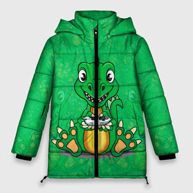 Женская зимняя куртка 3D с принтом Дракоша-геймер в Екатеринбурге, верх — 100% полиэстер; подкладка — 100% полиэстер; утеплитель — 100% полиэстер | длина ниже бедра, силуэт Оверсайз. Есть воротник-стойка, отстегивающийся капюшон и ветрозащитная планка. 

Боковые карманы с листочкой на кнопках и внутренний карман на молнии | dino | dinosaur | gamer | rex | t rex | ti rex | дино | динозавр | динозаврик | дракон | дракончик | дракоша | приставка | рекс | тираннозавр | тиранозавр | тирранозавр