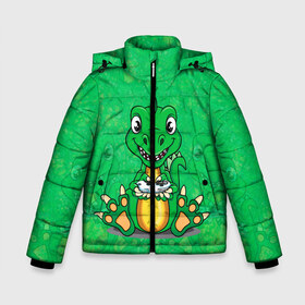 Зимняя куртка для мальчиков 3D с принтом Дракоша-геймер в Екатеринбурге, ткань верха — 100% полиэстер; подклад — 100% полиэстер, утеплитель — 100% полиэстер | длина ниже бедра, удлиненная спинка, воротник стойка и отстегивающийся капюшон. Есть боковые карманы с листочкой на кнопках, утяжки по низу изделия и внутренний карман на молнии. 

Предусмотрены светоотражающий принт на спинке, радужный светоотражающий элемент на пуллере молнии и на резинке для утяжки | Тематика изображения на принте: dino | dinosaur | gamer | rex | t rex | ti rex | дино | динозавр | динозаврик | дракон | дракончик | дракоша | приставка | рекс | тираннозавр | тиранозавр | тирранозавр