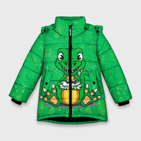 Зимняя куртка для девочек 3D с принтом Дракоша-геймер в Екатеринбурге, ткань верха — 100% полиэстер; подклад — 100% полиэстер, утеплитель — 100% полиэстер. | длина ниже бедра, удлиненная спинка, воротник стойка и отстегивающийся капюшон. Есть боковые карманы с листочкой на кнопках, утяжки по низу изделия и внутренний карман на молнии. 

Предусмотрены светоотражающий принт на спинке, радужный светоотражающий элемент на пуллере молнии и на резинке для утяжки. | dino | dinosaur | gamer | rex | t rex | ti rex | дино | динозавр | динозаврик | дракон | дракончик | дракоша | приставка | рекс | тираннозавр | тиранозавр | тирранозавр