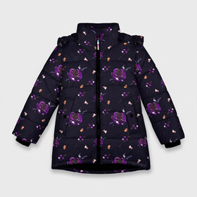Зимняя куртка для девочек 3D с принтом фиолетовые розы на темном фоне в Екатеринбурге, ткань верха — 100% полиэстер; подклад — 100% полиэстер, утеплитель — 100% полиэстер. | длина ниже бедра, удлиненная спинка, воротник стойка и отстегивающийся капюшон. Есть боковые карманы с листочкой на кнопках, утяжки по низу изделия и внутренний карман на молнии. 

Предусмотрены светоотражающий принт на спинке, радужный светоотражающий элемент на пуллере молнии и на резинке для утяжки. | Тематика изображения на принте: ботаника | ежевичный | лиловый | патерн | пурпурный | розы | сиреневый | стильный | темный | тренды | узор | фиолетовый | цветочки | цветы | чернильный | черничный