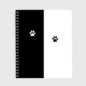 Тетрадь с принтом Кошачьи следы в Екатеринбурге, 100% бумага | 48 листов, плотность листов — 60 г/м2, плотность картонной обложки — 250 г/м2. Листы скреплены сбоку удобной пружинной спиралью. Уголки страниц и обложки скругленные. Цвет линий — светло-серый
 | black and white | cat | животные | кот | кошачий след | кошка | половина | черно белый | чёрный и белый
