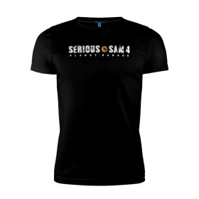 Мужская футболка премиум с принтом Serious Sam 4 в Екатеринбурге, 92% хлопок, 8% лайкра | приталенный силуэт, круглый вырез ворота, длина до линии бедра, короткий рукав | croteam | devolver | digital | games | planet | sam | serious | игры | крутой | планета | сэм