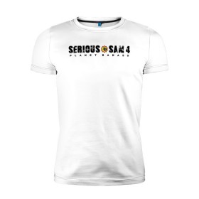 Мужская футболка премиум с принтом Serious Sam 4 в Екатеринбурге, 92% хлопок, 8% лайкра | приталенный силуэт, круглый вырез ворота, длина до линии бедра, короткий рукав | croteam | devolver | digital | games | planet | sam | serious | игры | крутой | планета | сэм