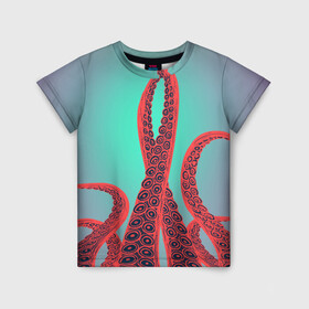 Детская футболка 3D с принтом красные щупальца осминога в Екатеринбурге, 100% гипоаллергенный полиэфир | прямой крой, круглый вырез горловины, длина до линии бедер, чуть спущенное плечо, ткань немного тянется | Тематика изображения на принте: враг | градиент | захвачен | злобный | зловещий | красные | монстр | морской | опасный | осьминог | подводный | рисованный | синий | тентакли | фиолетовый | щупальца