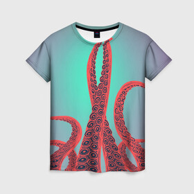 Женская футболка 3D с принтом красные щупальца осминога в Екатеринбурге, 100% полиэфир ( синтетическое хлопкоподобное полотно) | прямой крой, круглый вырез горловины, длина до линии бедер | враг | градиент | захвачен | злобный | зловещий | красные | монстр | морской | опасный | осьминог | подводный | рисованный | синий | тентакли | фиолетовый | щупальца