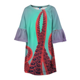 Детское платье 3D с принтом красные щупальца осминога в Екатеринбурге, 100% полиэстер | прямой силуэт, чуть расширенный к низу. Круглая горловина, на рукавах — воланы | враг | градиент | захвачен | злобный | зловещий | красные | монстр | морской | опасный | осьминог | подводный | рисованный | синий | тентакли | фиолетовый | щупальца