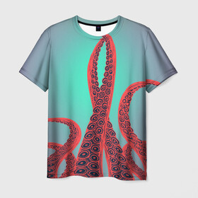 Мужская футболка 3D с принтом красные щупальца осминога в Екатеринбурге, 100% полиэфир | прямой крой, круглый вырез горловины, длина до линии бедер | враг | градиент | захвачен | злобный | зловещий | красные | монстр | морской | опасный | осьминог | подводный | рисованный | синий | тентакли | фиолетовый | щупальца