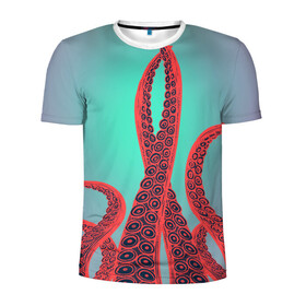 Мужская футболка 3D спортивная с принтом красные щупальца осминога в Екатеринбурге, 100% полиэстер с улучшенными характеристиками | приталенный силуэт, круглая горловина, широкие плечи, сужается к линии бедра | враг | градиент | захвачен | злобный | зловещий | красные | монстр | морской | опасный | осьминог | подводный | рисованный | синий | тентакли | фиолетовый | щупальца