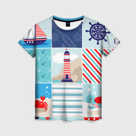 Женская футболка 3D с принтом Моряк  в Екатеринбурге, 100% полиэфир ( синтетическое хлопкоподобное полотно) | прямой крой, круглый вырез горловины, длина до линии бедер | вода | краб | маяк | море | моряк | океан | парус | полосы | черепаха | штурвал | яхта