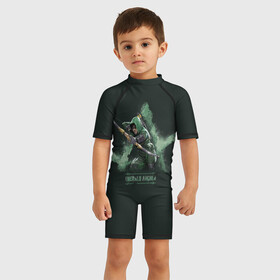 Детский купальный костюм 3D с принтом Emerald Archer в Екатеринбурге, Полиэстер 85%, Спандекс 15% | застежка на молнии на спине | Тематика изображения на принте: arrow | oliver queen | vdzabma | оливер куинн | стрела