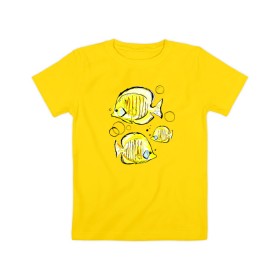 Детская футболка хлопок с принтом Рыбы-бабочки в Екатеринбурге, 100% хлопок | круглый вырез горловины, полуприлегающий силуэт, длина до линии бедер | аквариумные | бабочки | дизайн | желтый | модная | морская | обитатели | оригинальный | подводное | принт | рыба | рыбы | скетч | стильная | яркая