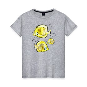 Женская футболка хлопок с принтом Рыбы-бабочки в Екатеринбурге, 100% хлопок | прямой крой, круглый вырез горловины, длина до линии бедер, слегка спущенное плечо | аквариумные | бабочки | дизайн | желтый | модная | морская | обитатели | оригинальный | подводное | принт | рыба | рыбы | скетч | стильная | яркая