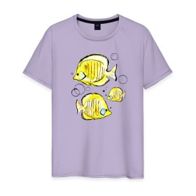 Мужская футболка хлопок с принтом Рыбы-бабочки в Екатеринбурге, 100% хлопок | прямой крой, круглый вырез горловины, длина до линии бедер, слегка спущенное плечо. | аквариумные | бабочки | дизайн | желтый | модная | морская | обитатели | оригинальный | подводное | принт | рыба | рыбы | скетч | стильная | яркая