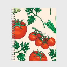 Тетрадь с принтом Летние овощи в Екатеринбурге, 100% бумага | 48 листов, плотность листов — 60 г/м2, плотность картонной обложки — 250 г/м2. Листы скреплены сбоку удобной пружинной спиралью. Уголки страниц и обложки скругленные. Цвет линий — светло-серый
 | 3d | зелень | летние | лето | лук | овощи | петрушка | помидоры | популярные | томаты