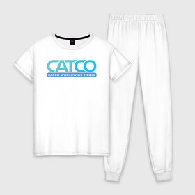 Женская пижама хлопок с принтом CatCo в Екатеринбурге, 100% хлопок | брюки и футболка прямого кроя, без карманов, на брюках мягкая резинка на поясе и по низу штанин | catco | supergirl | vdzabma | кэтко | супергерл