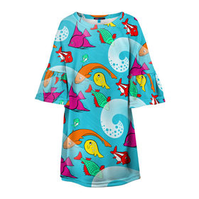 Детское платье 3D с принтом рыбки и море паттерн в Екатеринбурге, 100% полиэстер | прямой силуэт, чуть расширенный к низу. Круглая горловина, на рукавах — воланы | Тематика изображения на принте: бирюзовый | девочке | море | на лето | подарок | подростку | позитив | рыбки | яркая вещь