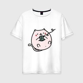 Женская футболка хлопок Oversize с принтом Кошка в Екатеринбурге, 100% хлопок | свободный крой, круглый ворот, спущенный рукав, длина до линии бедер
 | домашнее | животное | звери | картинки | клубок | котенок | кошка | мило | прикольные | шерсть