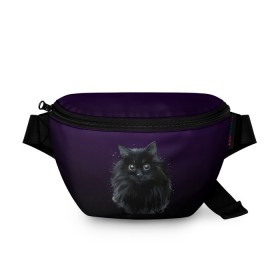 Поясная сумка 3D с принтом черный кот на фиолетовом фоне в Екатеринбурге, 100% полиэстер | плотная ткань, ремень с регулируемой длиной, внутри несколько карманов для мелочей, основное отделение и карман с обратной стороны сумки застегиваются на молнию | акварель | глаза | клево | котейка | котенок | котик | котэ | кошак | кошка | красиво | любителю кошек | модно | мяу | подарок | пушистый | рисунок | стильно | темный | черный кот | шерсть