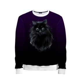 Детский свитшот 3D с принтом черный кот на фиолетовом фоне в Екатеринбурге, 100% полиэстер | свободная посадка, прямой крой, мягкая тканевая резинка на рукавах и понизу свитшота | Тематика изображения на принте: акварель | глаза | клево | котейка | котенок | котик | котэ | кошак | кошка | красиво | любителю кошек | модно | мяу | подарок | пушистый | рисунок | стильно | темный | черный кот | шерсть