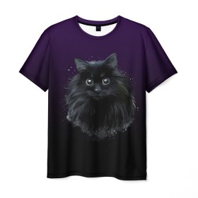 Мужская футболка 3D с принтом черный кот на фиолетовом фоне в Екатеринбурге, 100% полиэфир | прямой крой, круглый вырез горловины, длина до линии бедер | Тематика изображения на принте: акварель | глаза | клево | котейка | котенок | котик | котэ | кошак | кошка | красиво | любителю кошек | модно | мяу | подарок | пушистый | рисунок | стильно | темный | черный кот | шерсть