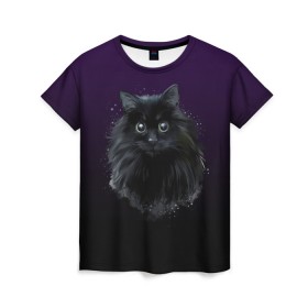 Женская футболка 3D с принтом черный кот на фиолетовом фоне в Екатеринбурге, 100% полиэфир ( синтетическое хлопкоподобное полотно) | прямой крой, круглый вырез горловины, длина до линии бедер | Тематика изображения на принте: акварель | глаза | клево | котейка | котенок | котик | котэ | кошак | кошка | красиво | любителю кошек | модно | мяу | подарок | пушистый | рисунок | стильно | темный | черный кот | шерсть