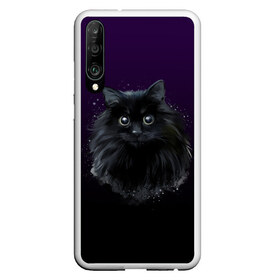 Чехол для Honor P30 с принтом черный кот на фиолетовом фоне в Екатеринбурге, Силикон | Область печати: задняя сторона чехла, без боковых панелей | акварель | глаза | клево | котейка | котенок | котик | котэ | кошак | кошка | красиво | любителю кошек | модно | мяу | подарок | пушистый | рисунок | стильно | темный | черный кот | шерсть