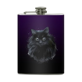 Фляга с принтом черный кот на фиолетовом фоне в Екатеринбурге, металлический корпус | емкость 0,22 л, размер 125 х 94 мм. Виниловая наклейка запечатывается полностью | акварель | глаза | клево | котейка | котенок | котик | котэ | кошак | кошка | красиво | любителю кошек | модно | мяу | подарок | пушистый | рисунок | стильно | темный | черный кот | шерсть