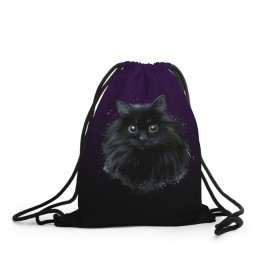 Рюкзак-мешок 3D с принтом черный кот на фиолетовом фоне в Екатеринбурге, 100% полиэстер | плотность ткани — 200 г/м2, размер — 35 х 45 см; лямки — толстые шнурки, застежка на шнуровке, без карманов и подкладки | акварель | глаза | клево | котейка | котенок | котик | котэ | кошак | кошка | красиво | любителю кошек | модно | мяу | подарок | пушистый | рисунок | стильно | темный | черный кот | шерсть