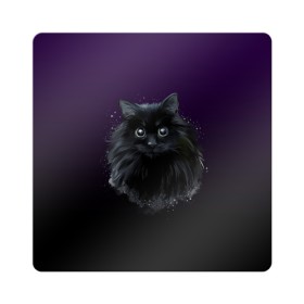 Магнит виниловый Квадрат с принтом черный кот на фиолетовом фоне в Екатеринбурге, полимерный материал с магнитным слоем | размер 9*9 см, закругленные углы | Тематика изображения на принте: акварель | глаза | клево | котейка | котенок | котик | котэ | кошак | кошка | красиво | любителю кошек | модно | мяу | подарок | пушистый | рисунок | стильно | темный | черный кот | шерсть