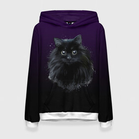 Женская толстовка 3D с принтом черный кот на фиолетовом фоне в Екатеринбурге, 100% полиэстер  | двухслойный капюшон со шнурком для регулировки, мягкие манжеты на рукавах и по низу толстовки, спереди карман-кенгуру с мягким внутренним слоем. | акварель | глаза | клево | котейка | котенок | котик | котэ | кошак | кошка | красиво | любителю кошек | модно | мяу | подарок | пушистый | рисунок | стильно | темный | черный кот | шерсть
