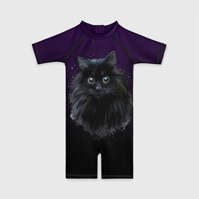 Детский купальный костюм 3D с принтом черный кот на фиолетовом фоне в Екатеринбурге, Полиэстер 85%, Спандекс 15% | застежка на молнии на спине | акварель | глаза | клево | котейка | котенок | котик | котэ | кошак | кошка | красиво | любителю кошек | модно | мяу | подарок | пушистый | рисунок | стильно | темный | черный кот | шерсть
