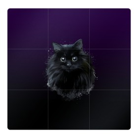 Магнитный плакат 3Х3 с принтом черный кот на фиолетовом фоне в Екатеринбурге, Полимерный материал с магнитным слоем | 9 деталей размером 9*9 см | Тематика изображения на принте: акварель | глаза | клево | котейка | котенок | котик | котэ | кошак | кошка | красиво | любителю кошек | модно | мяу | подарок | пушистый | рисунок | стильно | темный | черный кот | шерсть