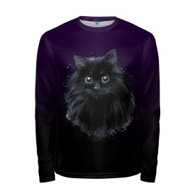 Мужской лонгслив 3D с принтом черный кот на фиолетовом фоне в Екатеринбурге, 100% полиэстер | длинные рукава, круглый вырез горловины, полуприлегающий силуэт | Тематика изображения на принте: акварель | глаза | клево | котейка | котенок | котик | котэ | кошак | кошка | красиво | любителю кошек | модно | мяу | подарок | пушистый | рисунок | стильно | темный | черный кот | шерсть