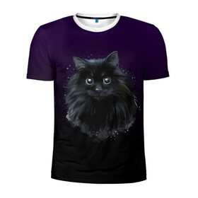 Мужская футболка 3D спортивная с принтом черный кот на фиолетовом фоне в Екатеринбурге, 100% полиэстер с улучшенными характеристиками | приталенный силуэт, круглая горловина, широкие плечи, сужается к линии бедра | акварель | глаза | клево | котейка | котенок | котик | котэ | кошак | кошка | красиво | любителю кошек | модно | мяу | подарок | пушистый | рисунок | стильно | темный | черный кот | шерсть