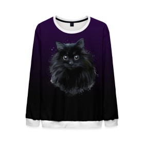 Мужской свитшот 3D с принтом черный кот на фиолетовом фоне в Екатеринбурге, 100% полиэстер с мягким внутренним слоем | круглый вырез горловины, мягкая резинка на манжетах и поясе, свободная посадка по фигуре | Тематика изображения на принте: акварель | глаза | клево | котейка | котенок | котик | котэ | кошак | кошка | красиво | любителю кошек | модно | мяу | подарок | пушистый | рисунок | стильно | темный | черный кот | шерсть