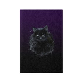 Обложка для паспорта матовая кожа с принтом черный кот на фиолетовом фоне в Екатеринбурге, натуральная матовая кожа | размер 19,3 х 13,7 см; прозрачные пластиковые крепления | Тематика изображения на принте: акварель | глаза | клево | котейка | котенок | котик | котэ | кошак | кошка | красиво | любителю кошек | модно | мяу | подарок | пушистый | рисунок | стильно | темный | черный кот | шерсть