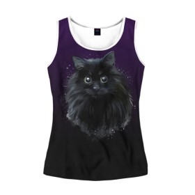 Женская майка 3D с принтом черный кот на фиолетовом фоне в Екатеринбурге, 100% полиэстер | круглая горловина, прямой силуэт, длина до линии бедра | акварель | глаза | клево | котейка | котенок | котик | котэ | кошак | кошка | красиво | любителю кошек | модно | мяу | подарок | пушистый | рисунок | стильно | темный | черный кот | шерсть