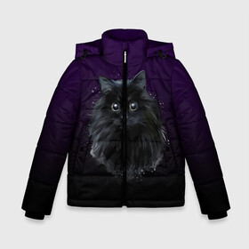 Зимняя куртка для мальчиков 3D с принтом черный кот на фиолетовом фоне в Екатеринбурге, ткань верха — 100% полиэстер; подклад — 100% полиэстер, утеплитель — 100% полиэстер | длина ниже бедра, удлиненная спинка, воротник стойка и отстегивающийся капюшон. Есть боковые карманы с листочкой на кнопках, утяжки по низу изделия и внутренний карман на молнии. 

Предусмотрены светоотражающий принт на спинке, радужный светоотражающий элемент на пуллере молнии и на резинке для утяжки | Тематика изображения на принте: акварель | глаза | клево | котейка | котенок | котик | котэ | кошак | кошка | красиво | любителю кошек | модно | мяу | подарок | пушистый | рисунок | стильно | темный | черный кот | шерсть