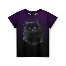 Детская футболка 3D с принтом черный кот на фиолетовом фоне в Екатеринбурге, 100% гипоаллергенный полиэфир | прямой крой, круглый вырез горловины, длина до линии бедер, чуть спущенное плечо, ткань немного тянется | Тематика изображения на принте: акварель | глаза | клево | котейка | котенок | котик | котэ | кошак | кошка | красиво | любителю кошек | модно | мяу | подарок | пушистый | рисунок | стильно | темный | черный кот | шерсть