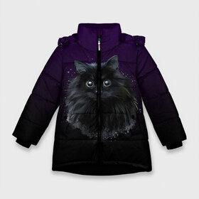 Зимняя куртка для девочек 3D с принтом черный кот на фиолетовом фоне в Екатеринбурге, ткань верха — 100% полиэстер; подклад — 100% полиэстер, утеплитель — 100% полиэстер. | длина ниже бедра, удлиненная спинка, воротник стойка и отстегивающийся капюшон. Есть боковые карманы с листочкой на кнопках, утяжки по низу изделия и внутренний карман на молнии. 

Предусмотрены светоотражающий принт на спинке, радужный светоотражающий элемент на пуллере молнии и на резинке для утяжки. | Тематика изображения на принте: акварель | глаза | клево | котейка | котенок | котик | котэ | кошак | кошка | красиво | любителю кошек | модно | мяу | подарок | пушистый | рисунок | стильно | темный | черный кот | шерсть